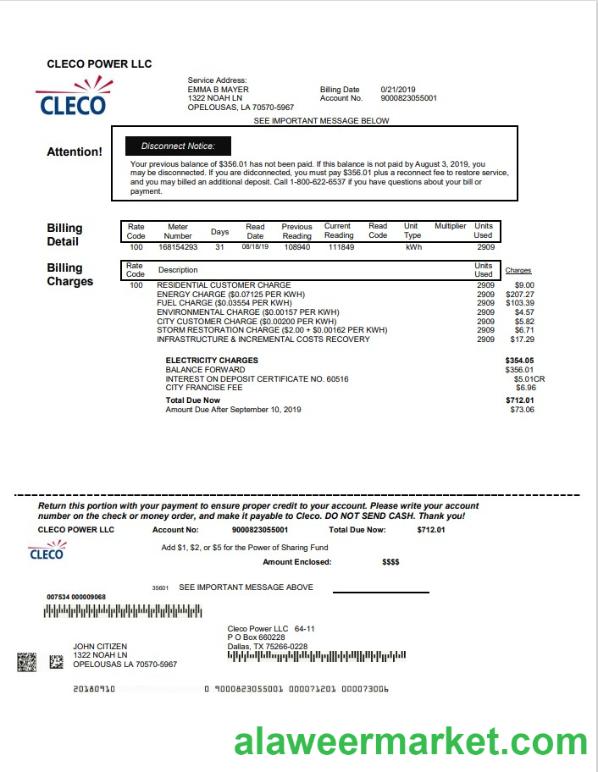 USA Louisiana Cleco Power electricity utility bill template in Word and PDF format